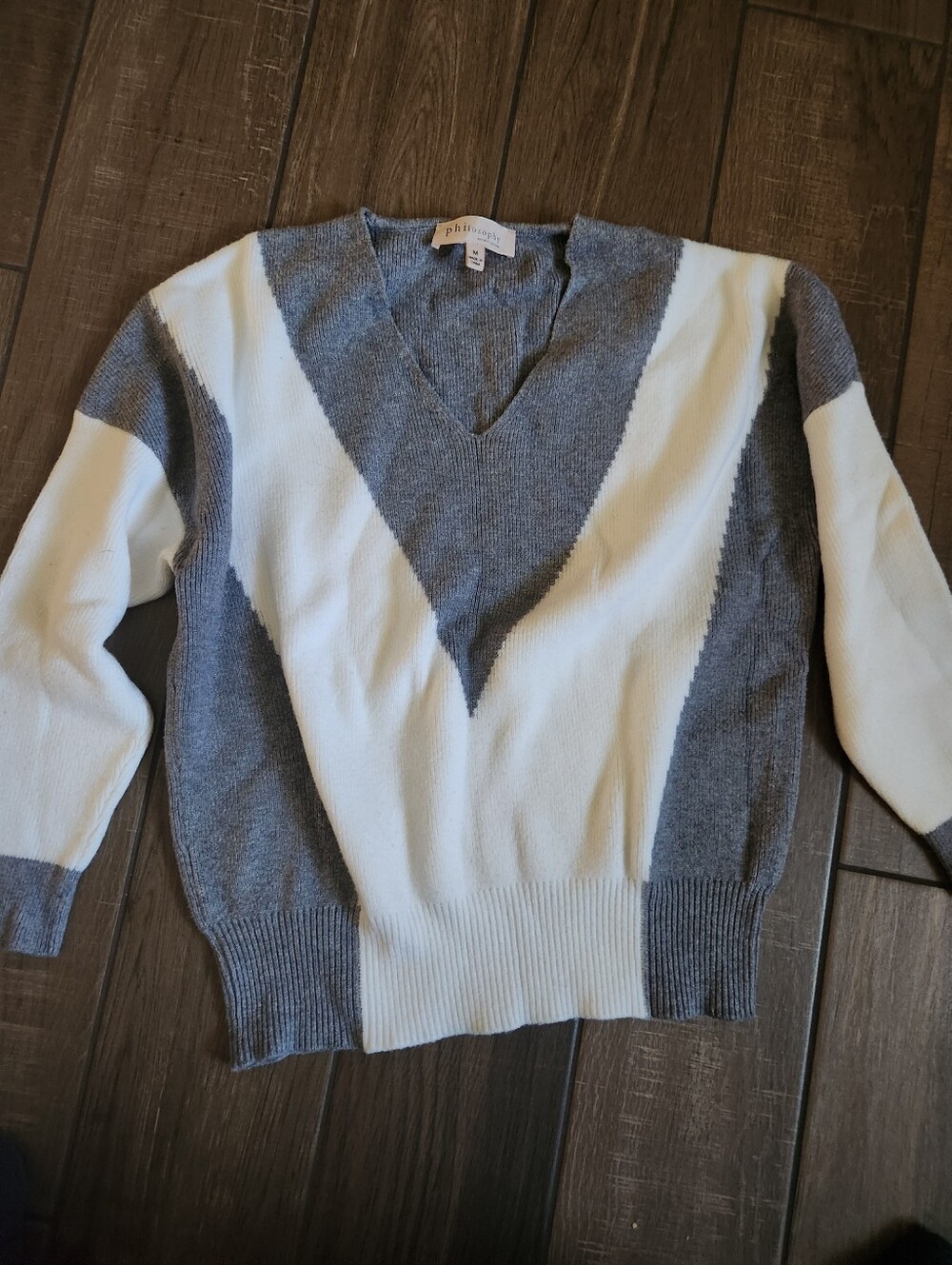 Philosophy Gray and White V-Neck Colorblock Sweater